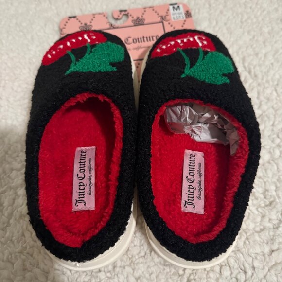 Juicy Couture Womens Cherry Embroidered Slippers sz medium black /red cozy new - Picture 7 of 9